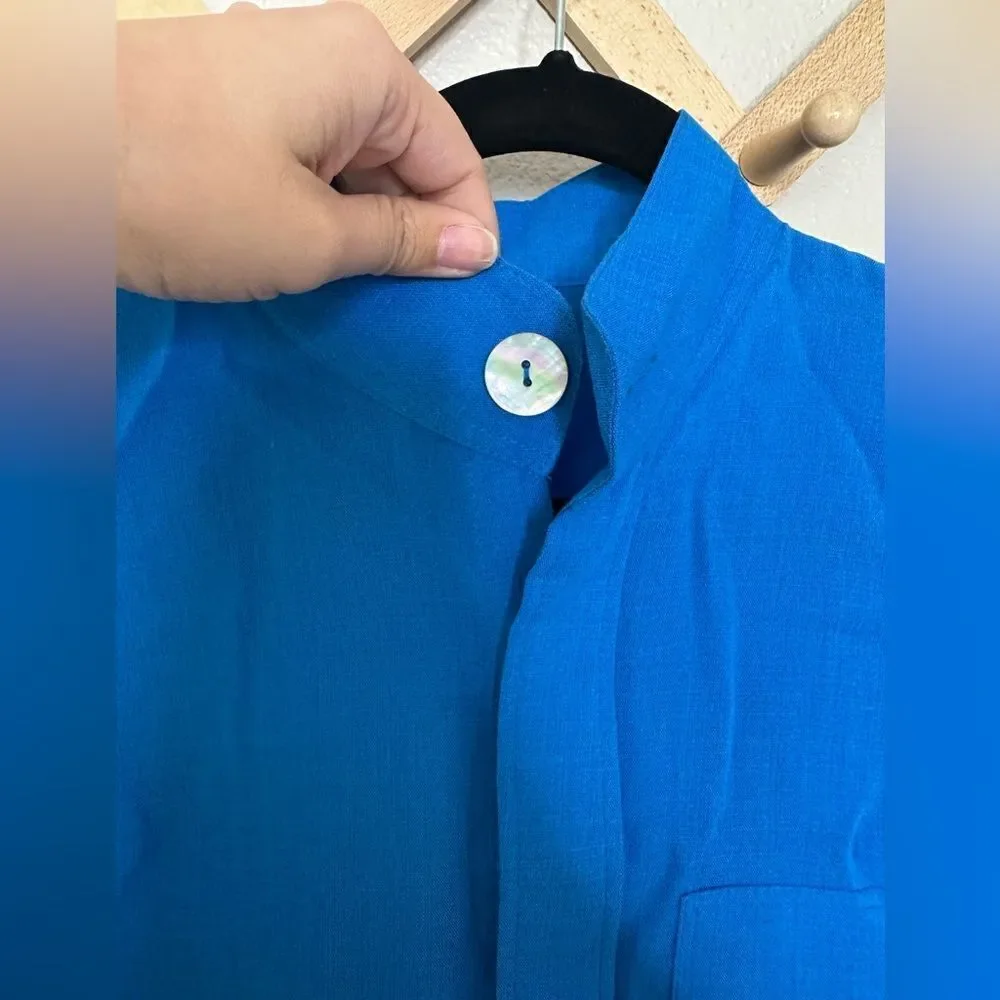 Fridaze Blue Linen Blouse Button Down Sz S